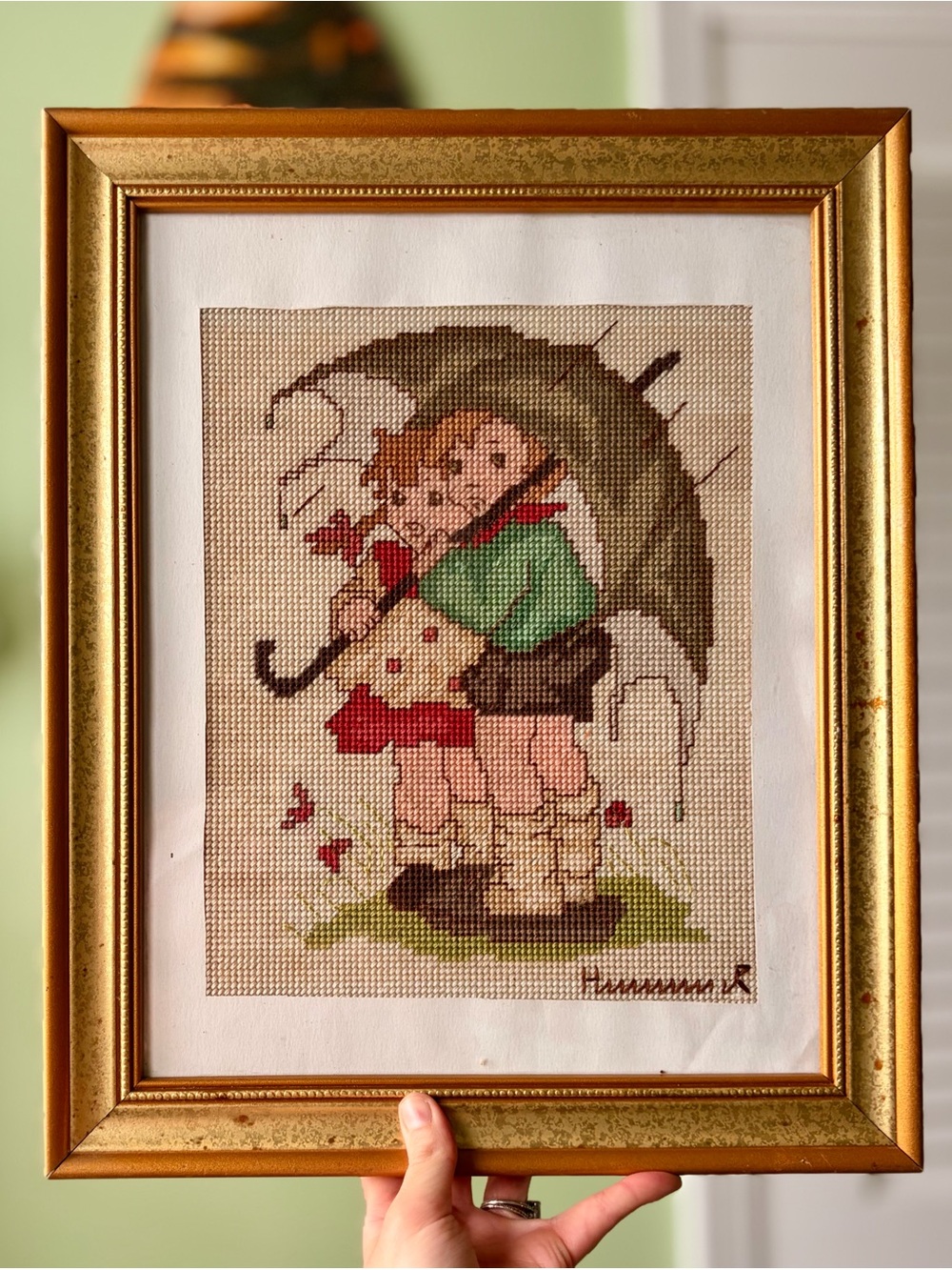Vintage Girl & Boy Under Umbrella Cross-Stitch Wall Art Gold Metal Frame